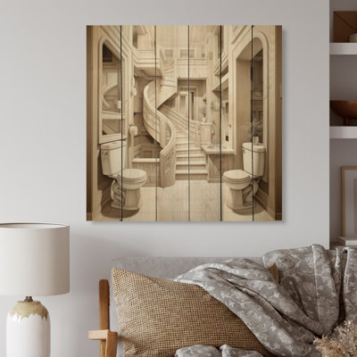 Beige Toilet Minimalist II - Bath & Laundry Print on Natural Pine Wood