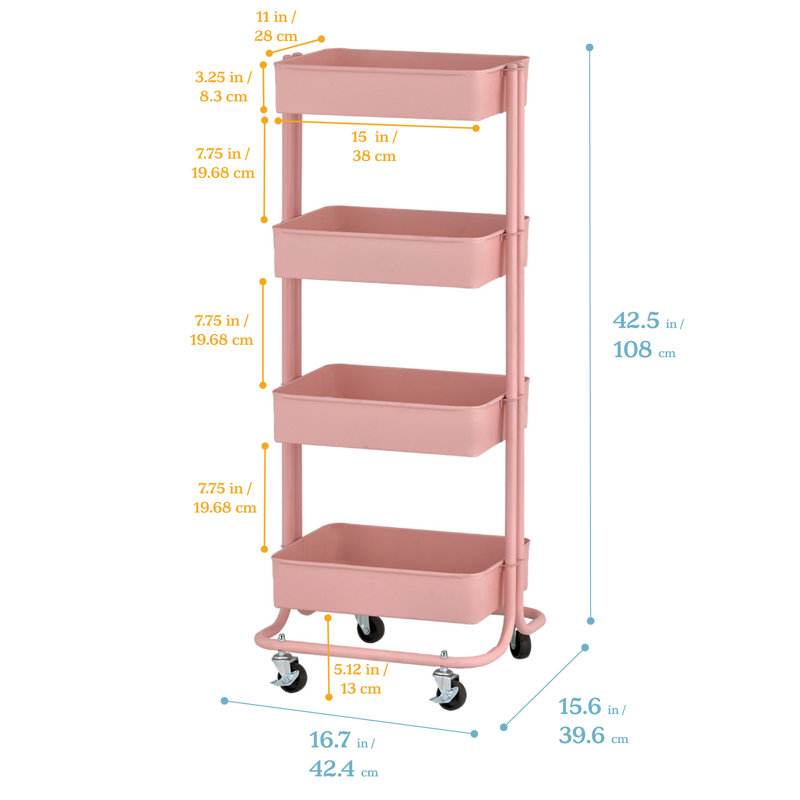 Blush Pink 4-Tier Metal Rolling Utility Cart