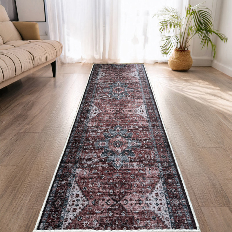Anti-Slip Low Profile Distressed Oriental Blue Carpet Runner Rug, Runner 2'2" x 18'