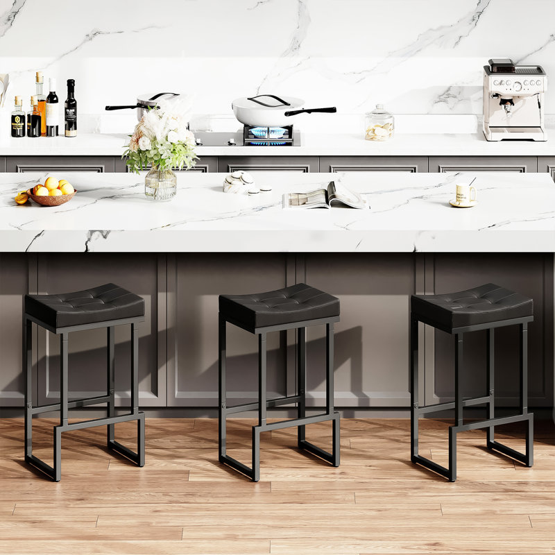 Tabouret de comptoir rembourré avec structure et repose-pieds en métal, tabouret de bar à hauteur de siège sans dossier, Noir