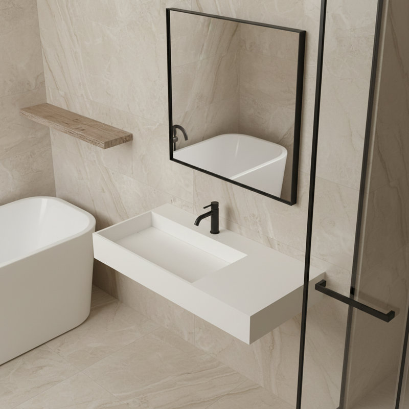Lavabo de salle de bain mural rectangulaire à surface solide en pierre CASAINC