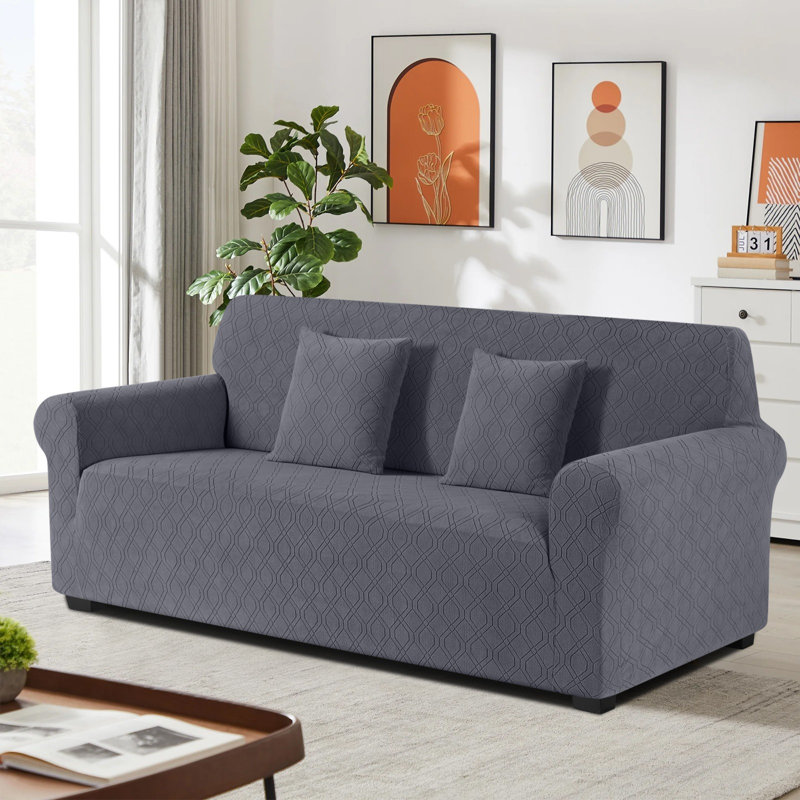 Wald 3 Seat Stretch Jacquard All Seasons Sofa Slipcovers 1-Piece Couch Sofa Covers With 2 Pillow Cover, Gray