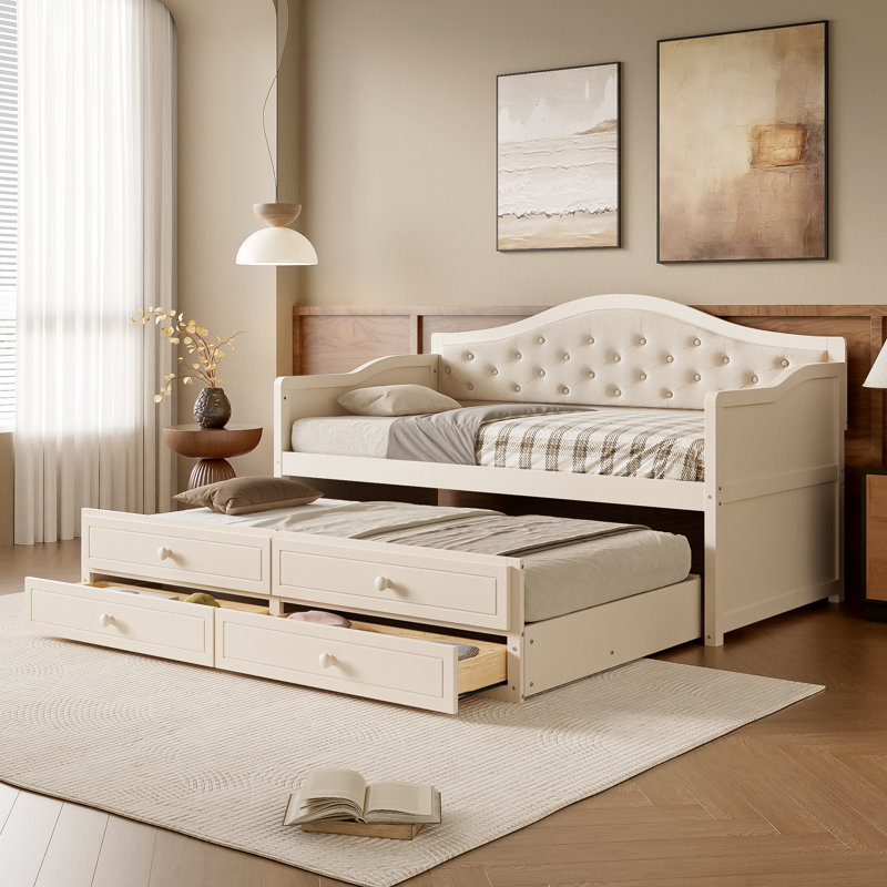 Twin Daybed With Trundle And 2 Drawers, Beige