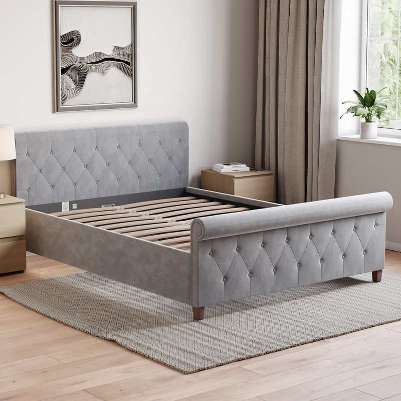 Caceres Bed, UKFR Certified, Double (4'6), Light Grey, Velvet