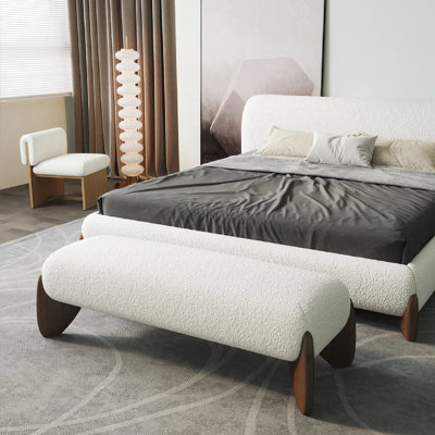 Upholstered Boucle Bedroom Bench With Solid Wood Legs