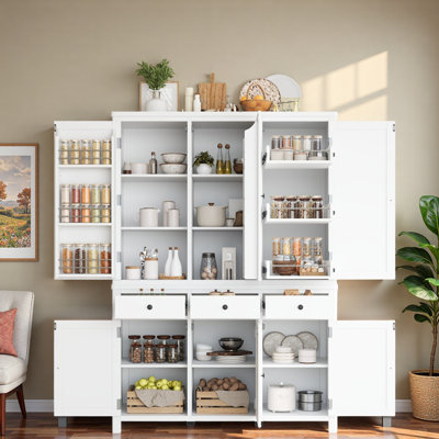 Garde-manger autoportant Farmhouse avec tablettes de porte, tablettes réglables, plateaux coulissants et tiroirs