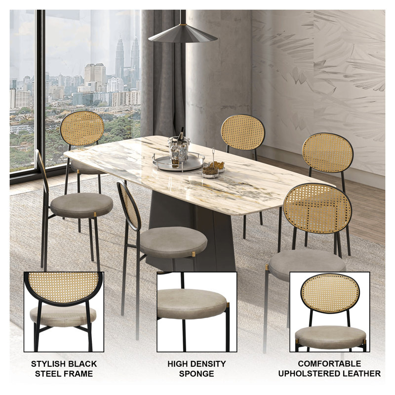 Aide Leather Dining Side Chair with Rattan Back and Black Metal Legs – Mid-Century Boho Chair for Kitchen and Dining Room