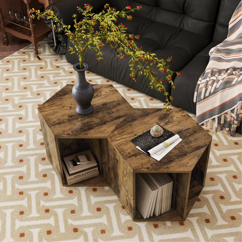 Table basse hexagonale en bois Otera avec espace de rangement., Brun antique, H 5,31 po x l 26,77 po x P 23,62 po