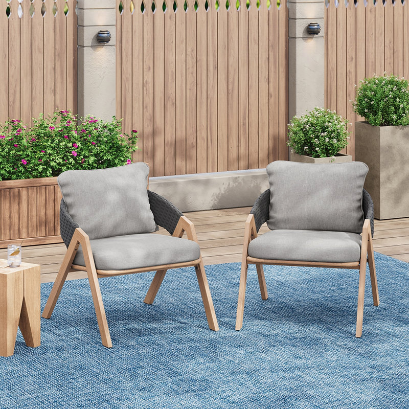 Weather-Resistant Wicker Rattan Patio Chairs with Comfortable Cushions, Set of 2 for Outdoor Relaxation, Black/Teak, Gray