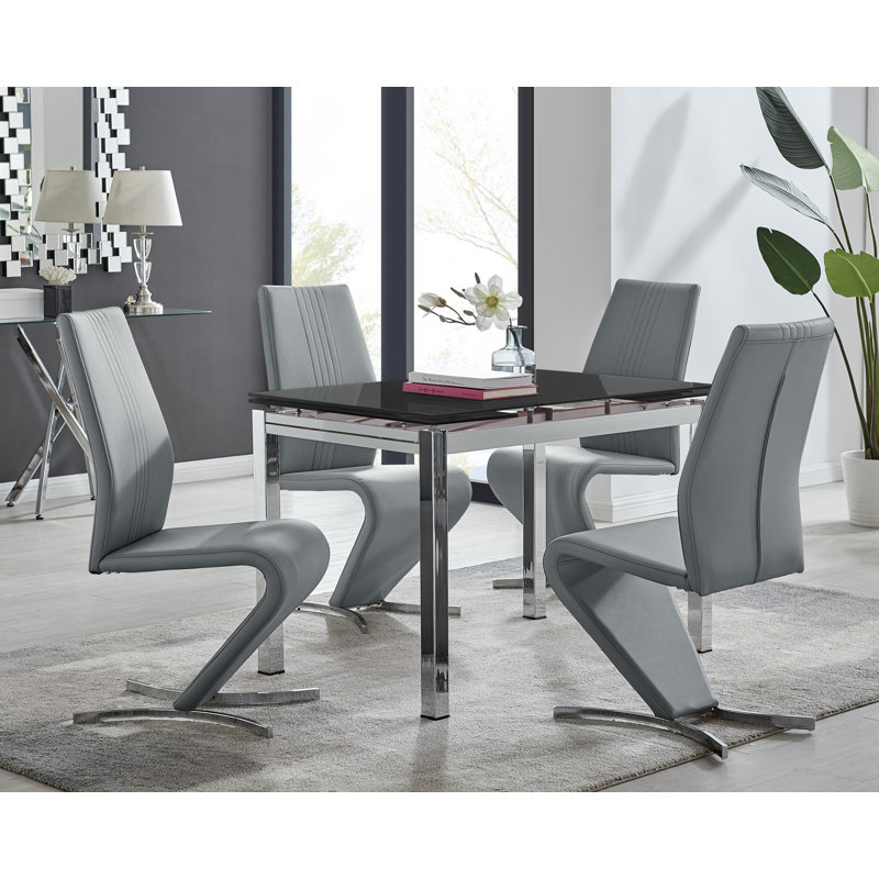 Tierra Modern Glass & Metal Extendable Dining Table Set & 4 Luxury Faux Leather Dining Chairs, Gray/Chrome