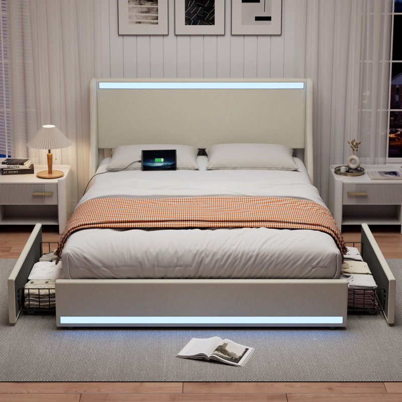 Double Size Storage Platform Bed With Charging Station And Smart Control RGB LED Lights, Upholstered Bed Frame With Storage Drawers, USB & Type-C Charging Ports, No Box Spring Needed, Easy to Assembly