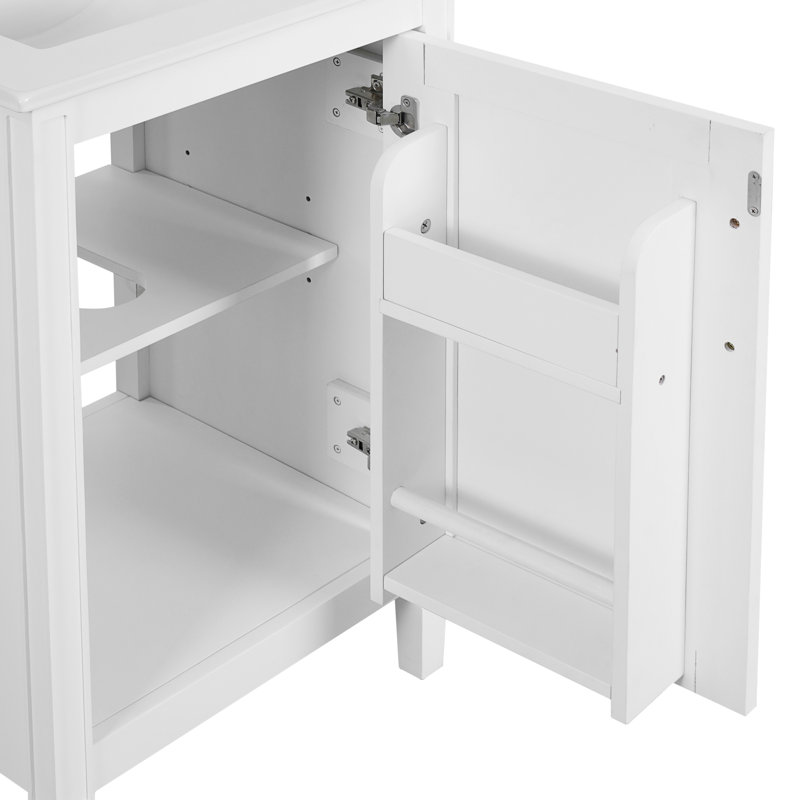 Meuble-lavabo blanc de 20 po avec lavabo en céramique, support de porte et mouvement coulissant pour rangement quotidien moderne