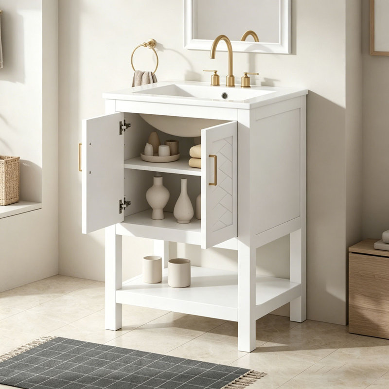 Meuble-lavabo moderne de 24 po au design sergé élégant avec charnières à fermeture en douceur, Blanc
