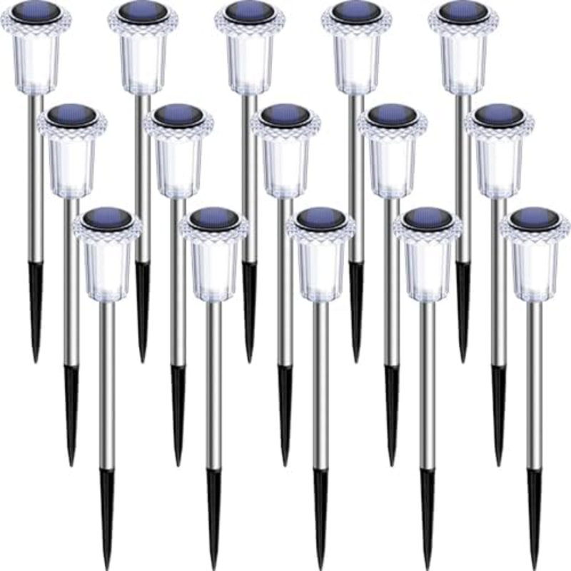 Ensemble de 15 lampes solaires d'extérieur imperméables 3000K blanc chaud en acrylique à tête de lampe à piquets en acier inoxydable pour éclairage de paysage