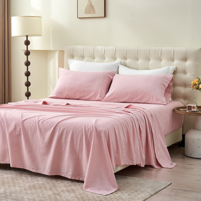 Linen Cotton Flat Sheet, King, Pale Pink