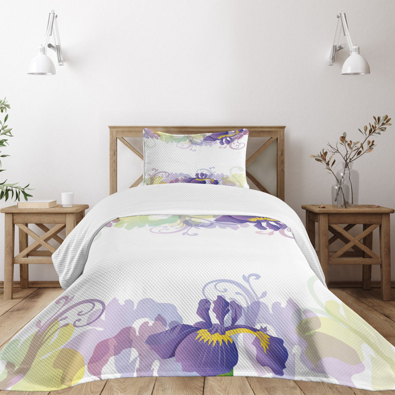 Twin Size Purple and Green Floral Polyester Bedspread Set