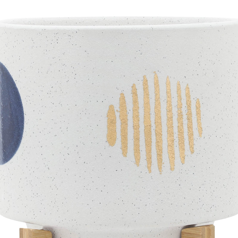 Stoneware and Ceramic Planter Set with Bamboo Stands - Modern Decorative Indoor Planters - Contemporary Geometric Design - Set of 2