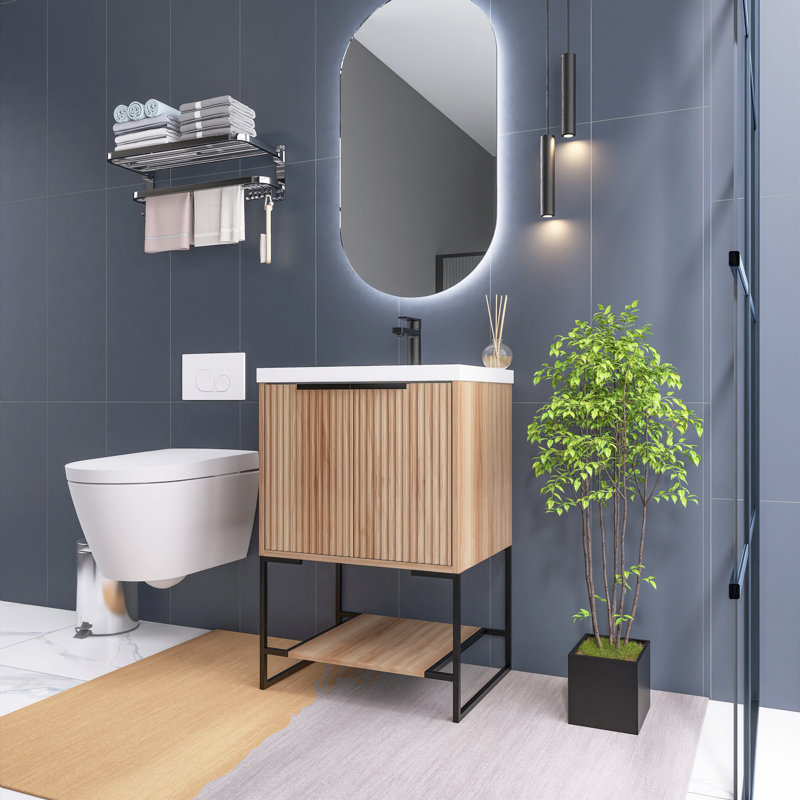 Meuble-lavabo autoportant 24 po et tablette ouverte, armoire en contreplaqué d'érable avec cuve en résine intégrée, 24"