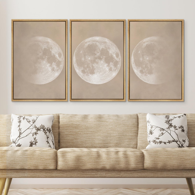 «Beige et gris, pleine lune tonique - œuvre d'art moderne lunaire minimaliste - décorations murales neutres pour chambre principale», reproduction d'art sur toile encadrée