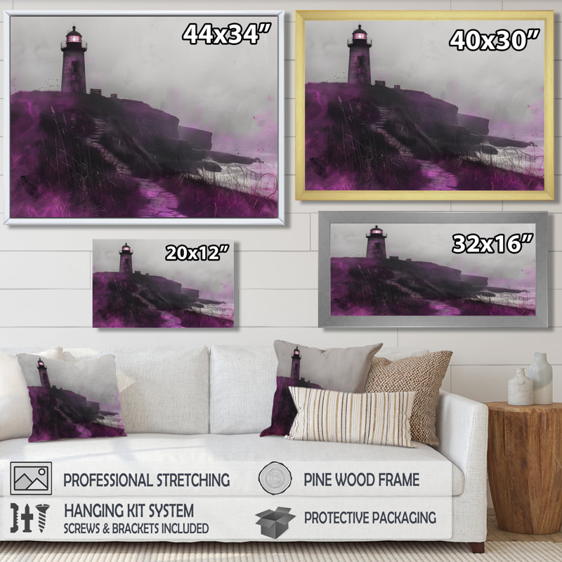 Mauve et gris, phare brumeux, rocher I - phares, art mural, Cadre flottant blanc, 12" H x 20" W