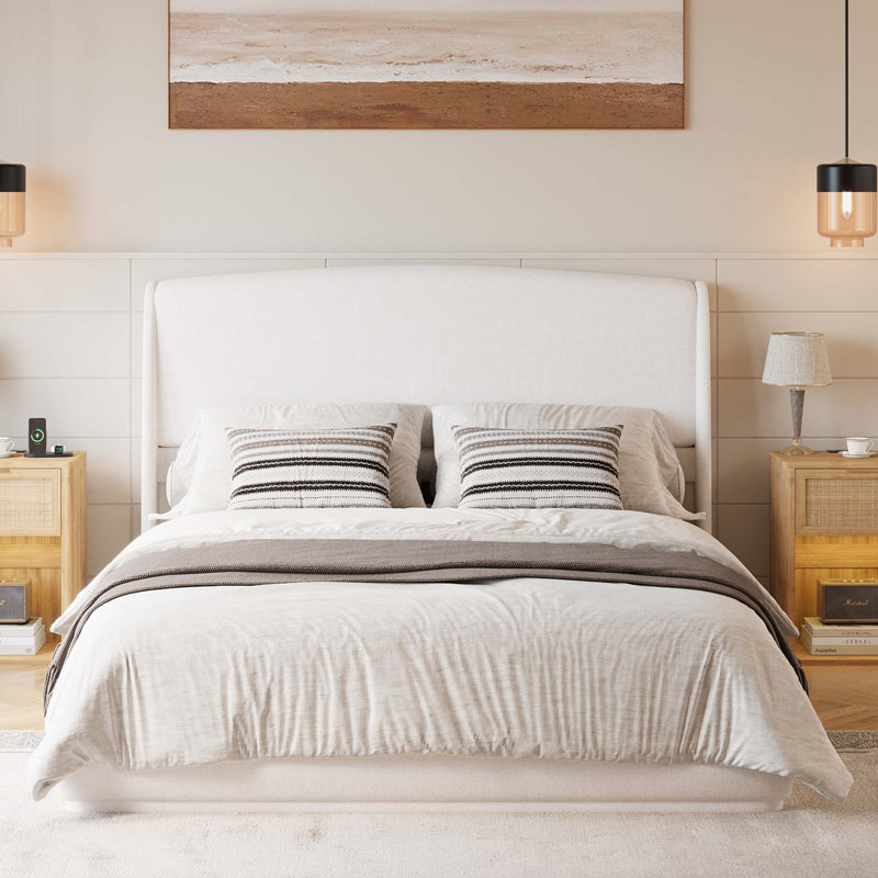 Structure de lit tapissier avec tête de lit à oreilles, lit plateforme à profil bas avec tête de lit rembourrée, Beige