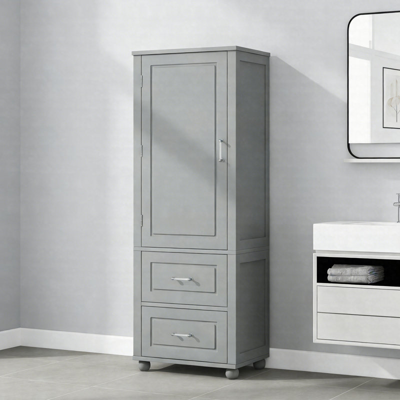 Tall Bathroom Storage Cabinet, Freestanding Storage Cabinet With Two Drawers And Adjustable Shelves, Painted MDF Linen Tower