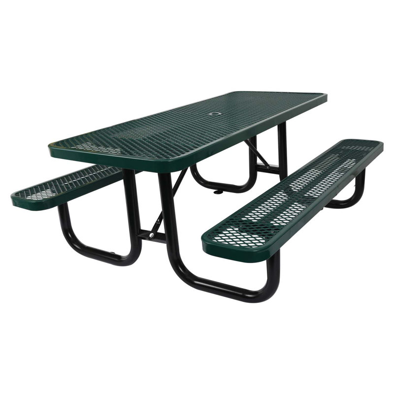 6 Ft. Rectangular Outdoor Picnic Table Steel With Umbrella Pole, Green