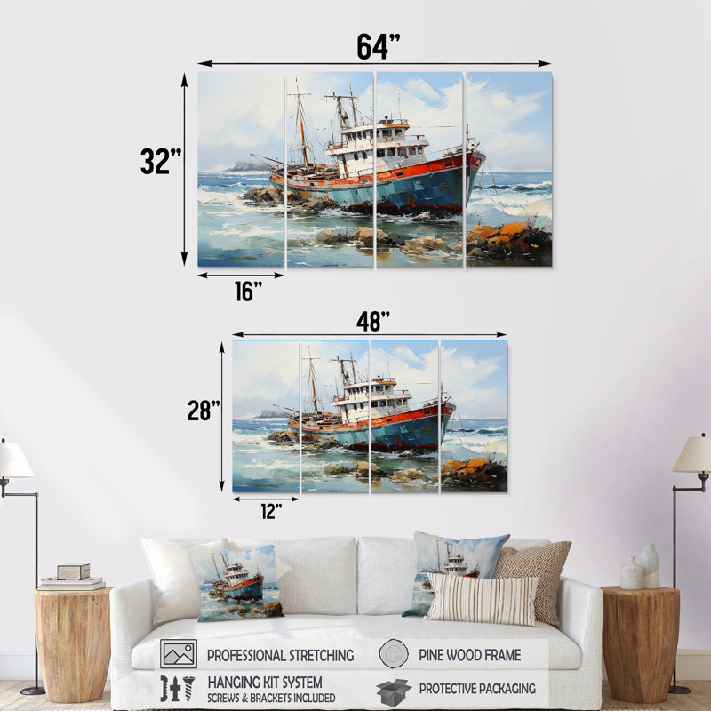 Nautique, bateau, pêche, aventure - Bateau côtier, ensemble de 4 décorations murales, H 32 po x l 64 po