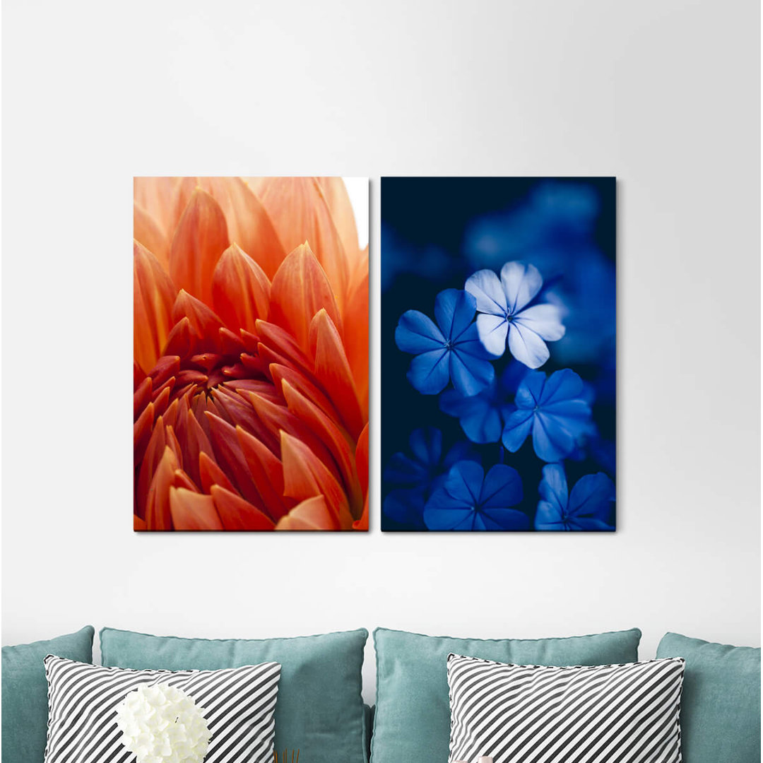 2-tlg. Leinwandbilder-Set - Grafikdruck „Dahlia Flower Blue Red”