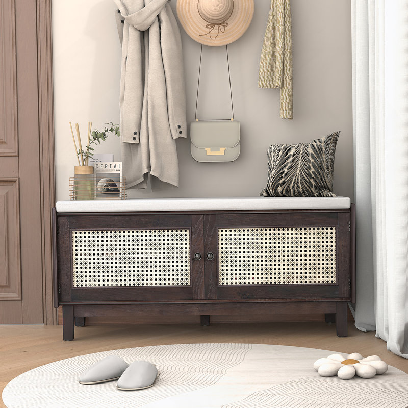Banc d'entrée en rotin avec rangement Boho, Beige/Espresso