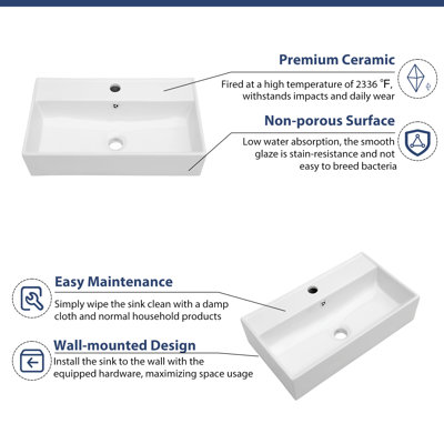 21" x 12" Wall Mount Bathroom Sink White Ceramic Rectangular Floating Vessel Sink with Overflow