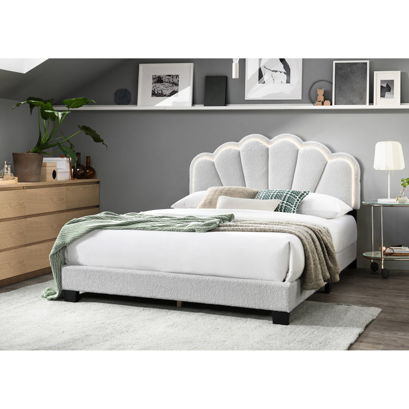 Lit plateforme double en laine blanche, tête de lit à motif floral avec DEL intégrée, style contemporain, sans sommier tapissier