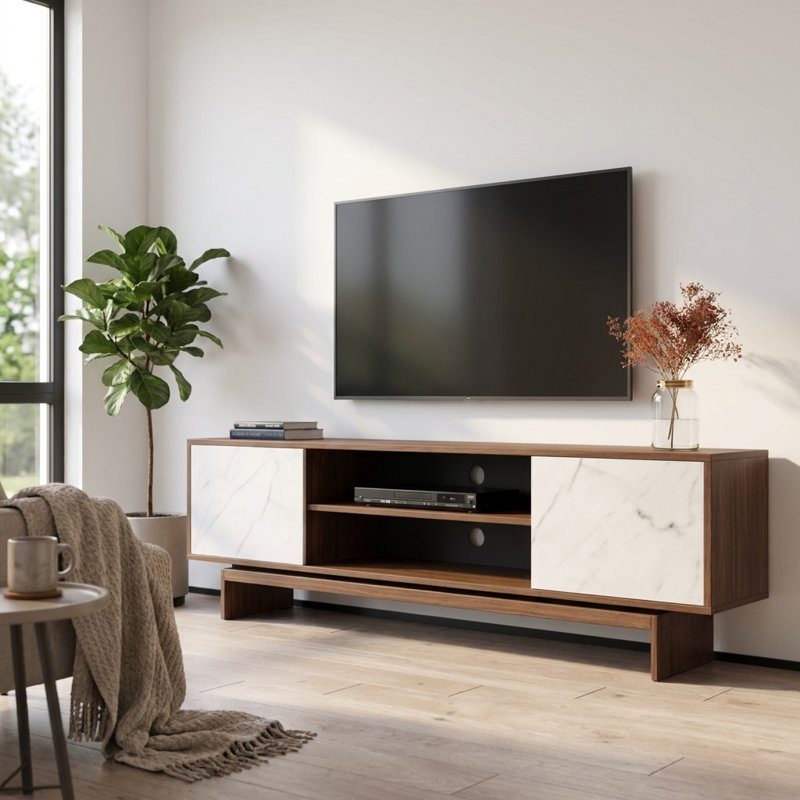 Calab 70.9" Modern TV Stand with Matte Finish, Walnut/White