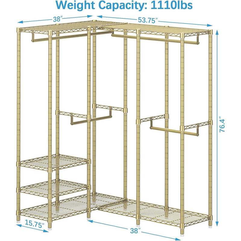 VIPEK L40 L-Shaped Corner Wardrobe Heavy-Duty Freestanding Clothes Rack with 1110 LBS Capacity , 53.75" x 38" x 76.4", Gold