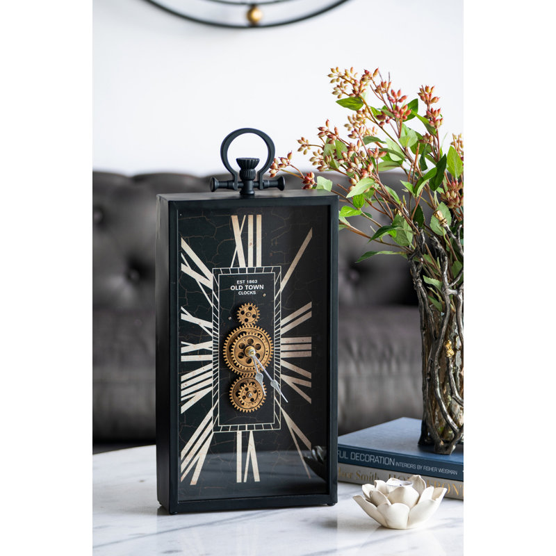 Decorative Black and Gold Roman Numeral Table Clock, Home Decor Gear Clock, 21" x 10"