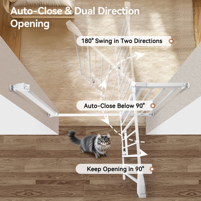 Auto Close Safety Gate With Cat Door, 29.5"-40.5" Extra Wide Dog Gate, Pressure Mounted Easy Walk Thru Pet Gate, White