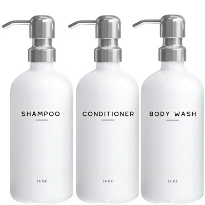 White shampoo and conditioner dispenser set - - Bathroom shower dispenser - - Reusable plastic shampoo bottle + stainless steel pump - Suitable for vacation rental shampoo dispenser (white)