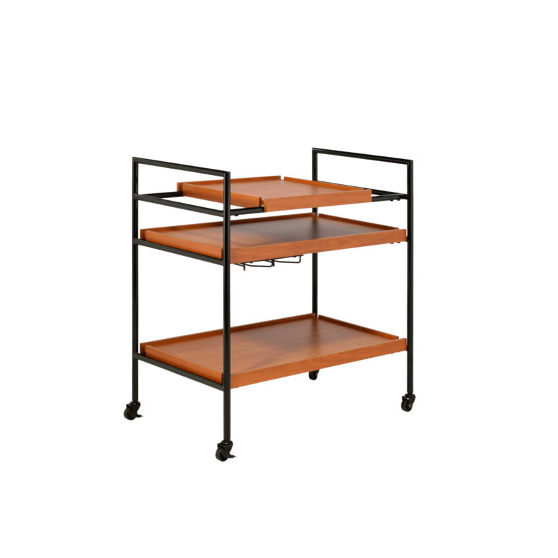 Chariot de service en chêne miel avec porte-verres à pied, parfait pour recevoir et organiser vos essentiels de salle à manger.