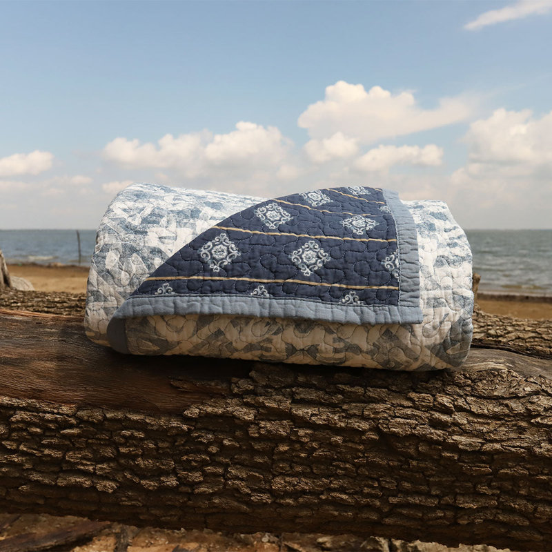Skyler Blue Cotton Twin Reversible Quilt Set