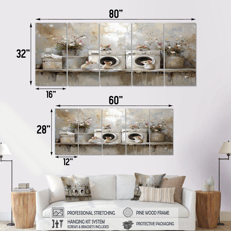 «Cute Mice Laundry Day» - ensemble de reproductions d'art mural, H 28 po x l 60 po