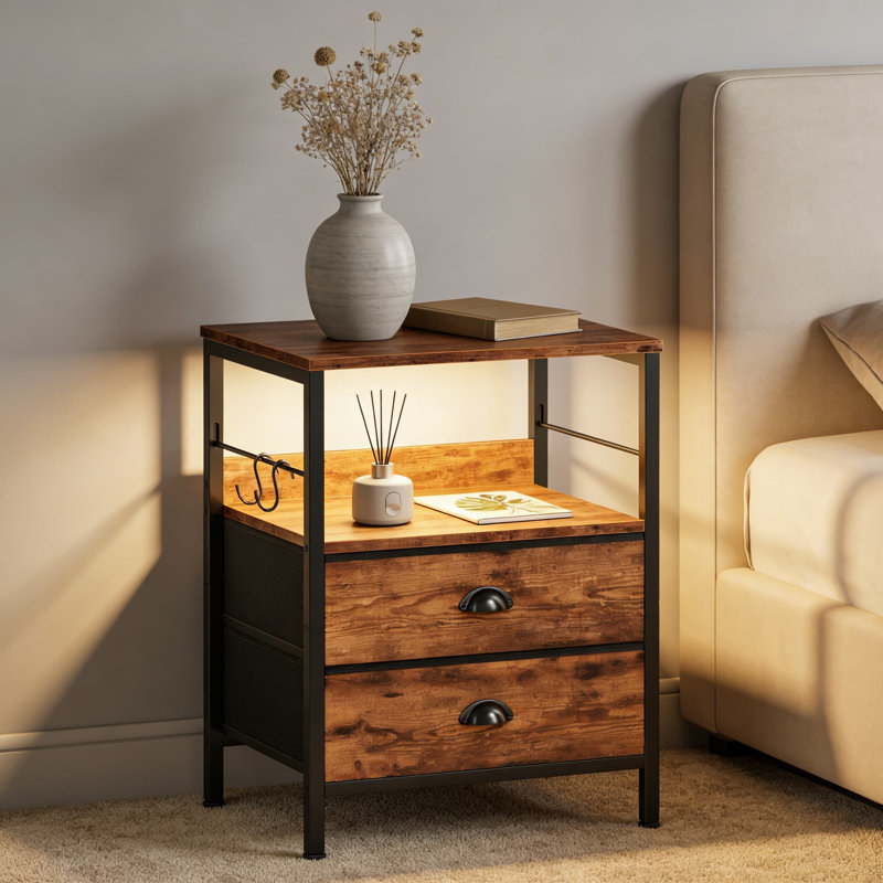 Table de chevet avec station de charge, tiroirs en tissu, ports et prises USB, tablette de rangement et crochets en métal pour la chambre à coucher ou le salon