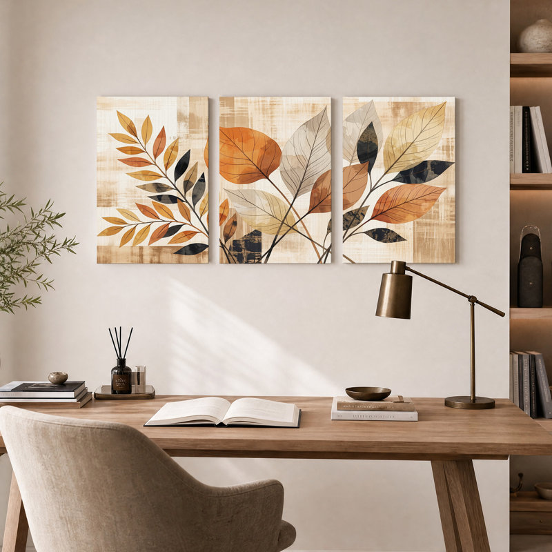 Ensemble de 3 toiles murales stylisées aux motifs rouille, noir et crème, 18"H x 12"W x 3pcs