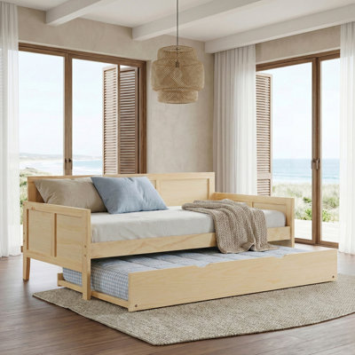 Daybed with Pull Out Trundle Natural Pine Finish Wooden Home Furniture 1pc Sofa Bed