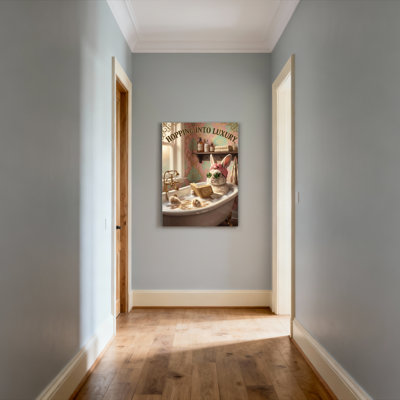 Hopping Into Luxury Bunny In Bathtub Canvas Wrapped Wall Art Oil Painting Print Set Of 1