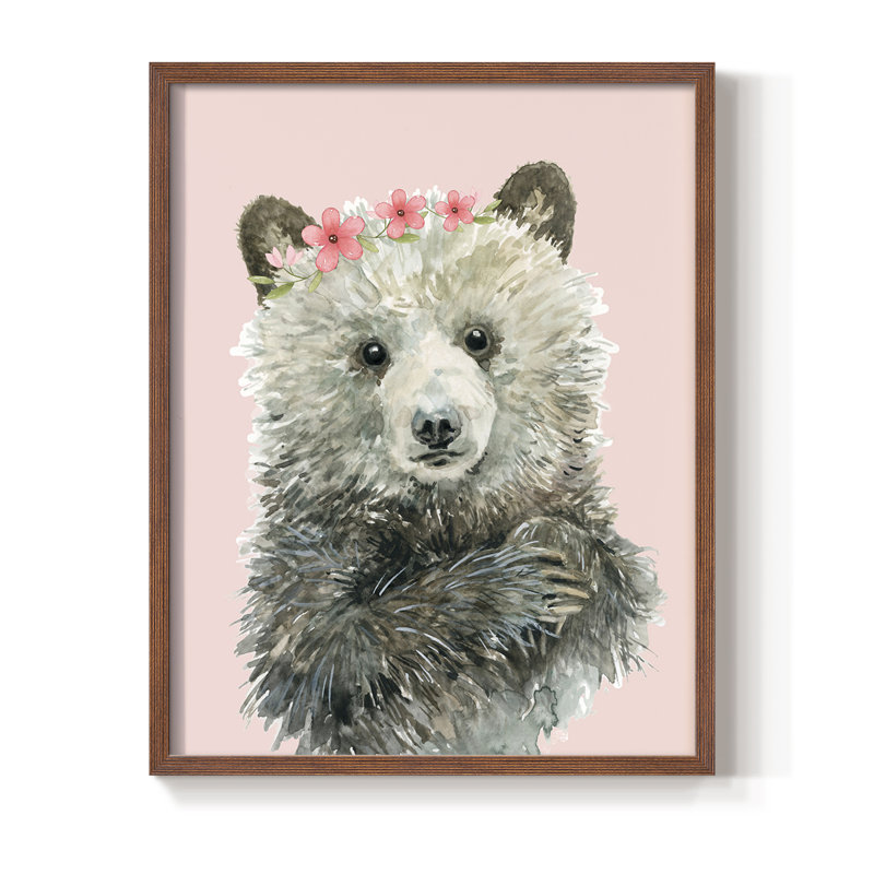 Reproduction encadrée d'un ourson en bois massif, Noyer, H 21 po x l 17 po