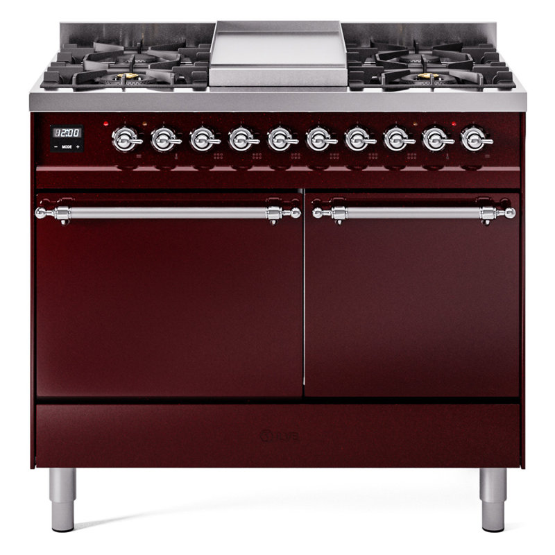 ILVE Nostalgie II Series 40 inch Dual Fuel Range with 6 Sealed Burners, Griddle (Solid Door), Liquid Propane, Burgundy/Chrome
