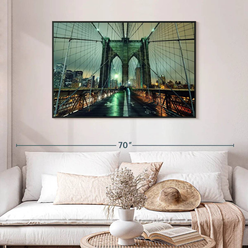 Brooklyn Bridge Nightfall, 46 po x 31 po, Cadre flottant noir