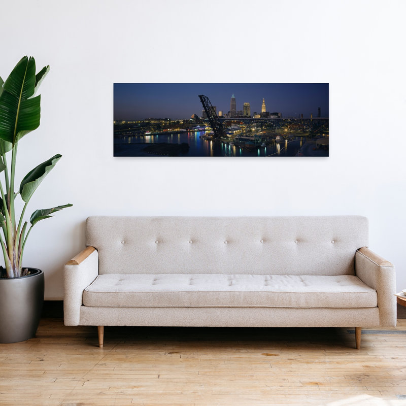 Skyscrapers lit up at night in a city Cleveland Ohio USA 1 Piece Wrapped Canvas Panoramic Wall Art, 40.64 cm H x 121.92 cm W