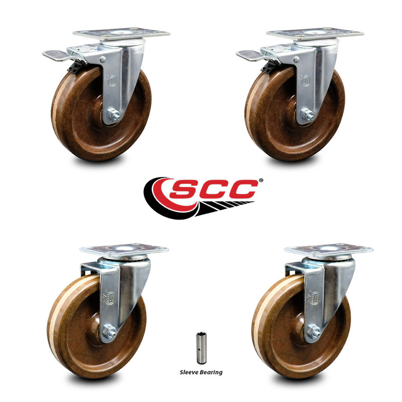 5 Inch High Temp Phenolic Wheel Swivel Top Plate Caster Set 2 Total Lock Brakes