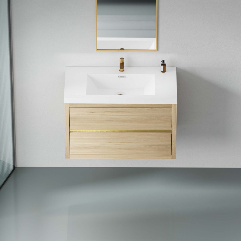 Meuble-lavabo mural avec lavabo, armoire de rangement flottante avec comptoir en résine de pierre et tiroirs à fermeture en douceur
